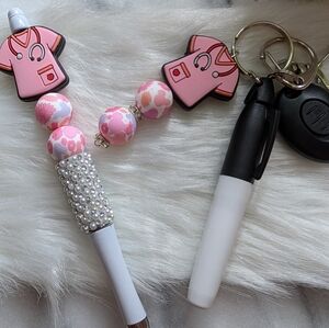 Handcrafted Pink Nurse  Beaded Pen & Keychain